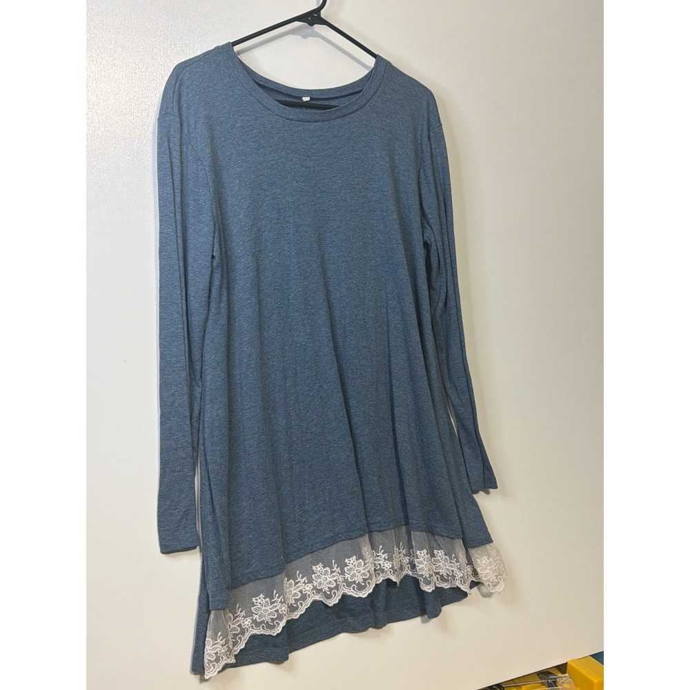 Blue Heathered Long Sleeve Lace Trim Tunic Top XL Boho A-Line Crew Neck